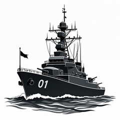 Fototapeta premium Illustration of warship in black and white. Naval vessel on ocean waves. Military ship with guns and flag. Naval warfare art isolated on white background.