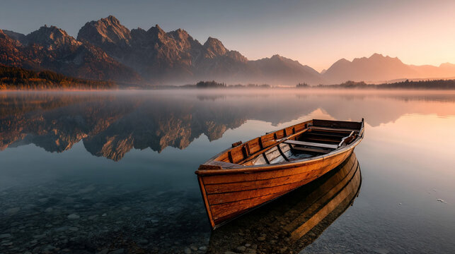Wooden boat on a serene lake reflecting mountains at sunrise or sunset