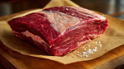 Fresh Raw Beef Cut with Marbling on Brown Paper in Rustic Kitchen Setting Ready for Cooking and Preparing Delicious Meals