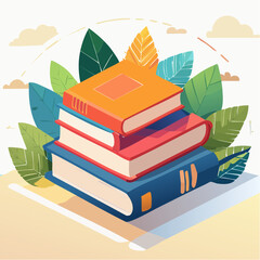 Stack of colorful books with green leaves and sunshine effect illustration