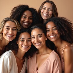 Fototapeta premium Diverse beautiful women group smile, look at camera. Show natural beauty, confidence, genuine friendship. Different races come together, celebrate unity, self-care, empowerment. Happy female
