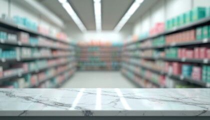 Stylish empty white marble counter top space. Blurred modern supermarket pharmacy aisle background with shelves of colorful medicine, health care, beauty products. Clean retail store interior setting