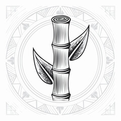 Stylized bamboo stalk illustration with leaves inside an ornamental circular frame