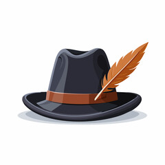 Stylized black fedora hat with feather illustration on white background