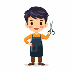 Stylized barber with scissors and apron illustration on white background