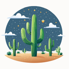 Stylized cactus landscape illustration featuring desert plants and night sky