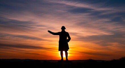 Fototapeta premium Silhouette of a statue pointing at the horizon against a dramatic sunset background offering a