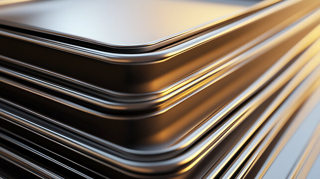 Metallic layers stacked together, showcasing depth and a warm, reflective surface. Smooth curves create dynamic lines with light play. Abstract, modern art texture.