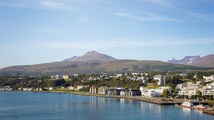Fototapeta premium The tranquil waterfront of Akureyri, Iceland, August 2025. 