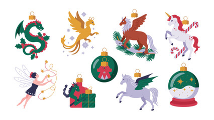 Enchanted Christmas Ornament: Festive collection of fantastical creatures, including dragons, unicorns, and fairies, adorning Christmas ornaments. A celebration of fantasy and holiday cheer.