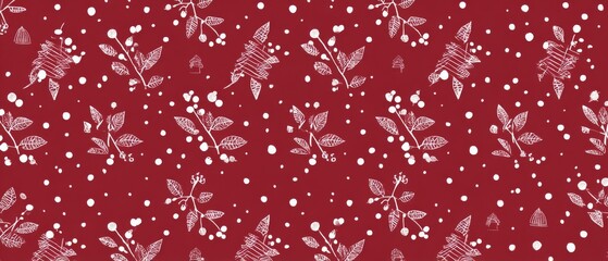 red botanical pattern with white floral silhouettes, seamless festive background
