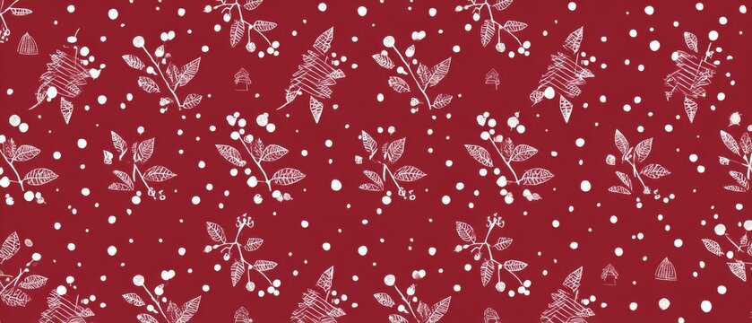 red botanical pattern with white floral silhouettes, seamless festive background - Powered by Adobe