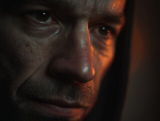 Fototapeta premium Close-up portrait of a male with a serious expression and hood, highlighting facial details and warm lighting.