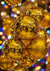 Golden Christmas Ornaments Reflecting Holiday Festivities with Bokeh Lights