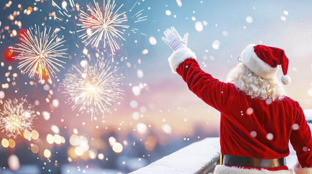 Joyful Santa Claus waving amidst colorful fireworks and falling snowflakes, celebrating festive season
