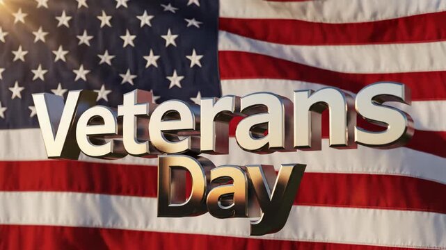 Shimmering Veterans Day text on a waving American flag. Patriotism and national appreciation for military service holiday concept.