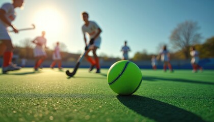 Field hockey game with ball and players on the field. Sport team during a match in competition. Athletic people play hockey with sticks on green turf. Sunny day.