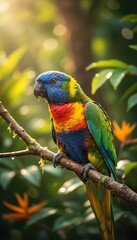 Close-up of a parrot illuminated by tropical sunlight filtering through leaves, vibrant fine art tones