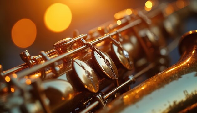 Golden saxophone close up with warm bokeh lights. Polished brass instrument gleams reflecting sunset colors. Detailed view of musical keys, curves of brass. Jazz, blues, classical music performance.