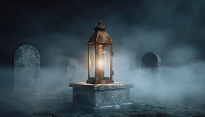Illuminated lantern in a foggy graveyard with tombstones