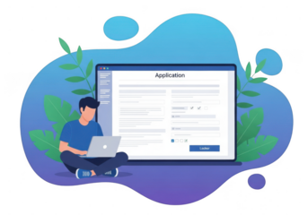 Young man working on laptop with coding interface in modern flat design illustration isolated on transparent background