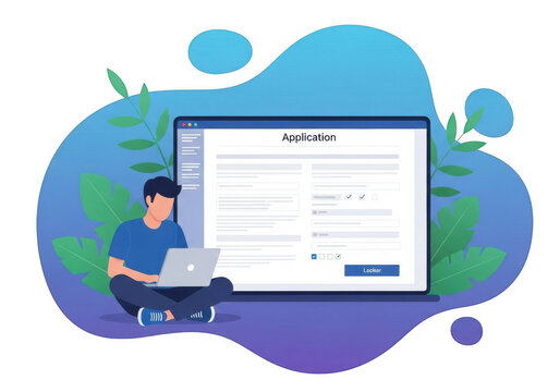 Young man working on laptop with coding interface in modern flat design illustration isolated on transparent background