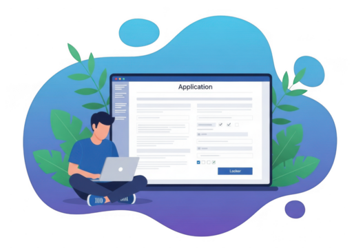 Young man working on laptop with coding interface in modern flat design illustration isolated on transparent background