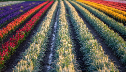 Rows of colorful flowers bloom in a field under sunlight.