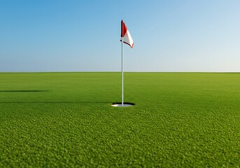Golf Green with Flag and Hole on a Sunny Day.