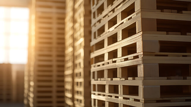Warehouse view: stacked wooden pallets ready for shipping and distribution. Supply chain efficiency and logistical support are critical for global commerce success.