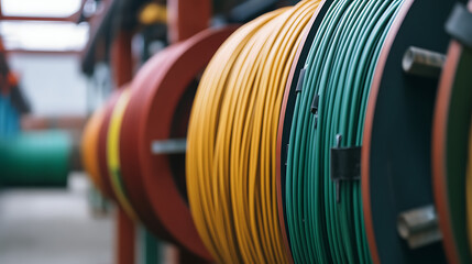 Bundles of colorful cables coiled on spools create a vivid visual array, perfect for illustrating connectivity, infrastructure, and technology. Cables are tightly wound.