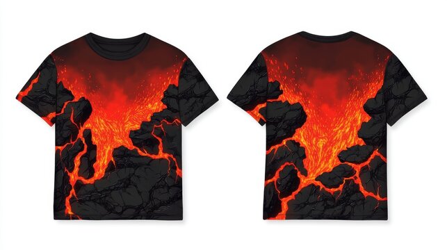 jersey featuring fiery lava cracks, dark magma textures, and a bold red-hot gradient transition, front and back view isolated on a white background