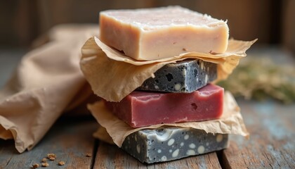 Stack of handmade soap bars in different colors on rustic wooden surface. Natural soap displayed with craft paper. Organic beauty product with essential oils. Eco friendly skincare concept.
