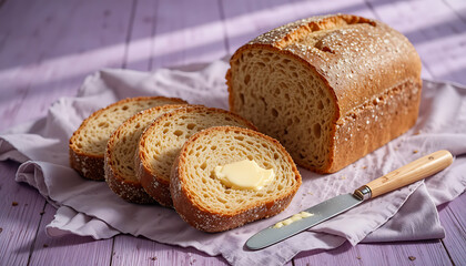 Sourdough Rye Bread Slices on Lilac Linen with Butter Knife.