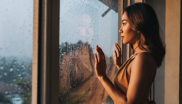 Woman looking out window at rain with hands on glass. - Powered by Adobe