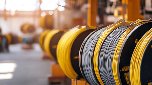 A captivating view of spools of yellow and grey wire, symbolizing innovation and precision. Perfect for industrial themes or highlighting connectivity solutions.