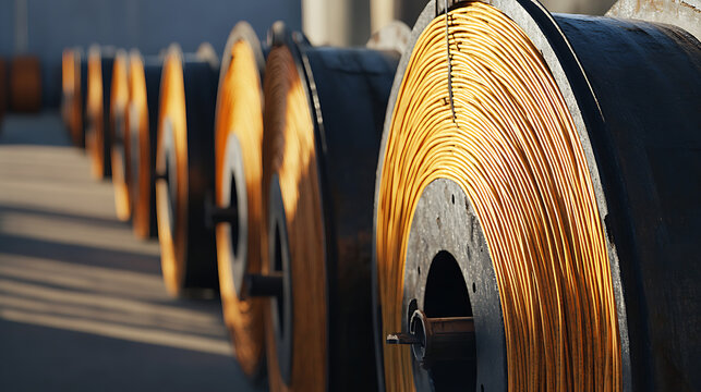 A line of massive spools filled with tightly wound, golden-hued cables, their dark metal edges contrasting with the bright, orderly coils, ready for their next task.