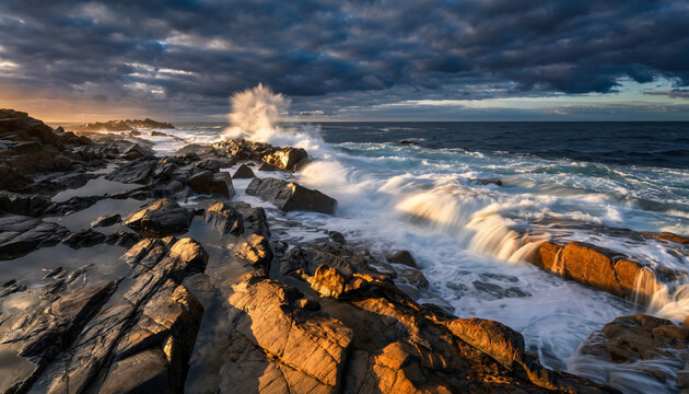 Rocky coastline with waves crashing under a dramatic sky.