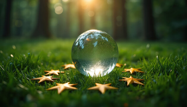 Glass sphere on green grass with golden stars. Sunlight shines through sphere, reflecting nature. Concept represents global unity, eco awareness and corporate social responsibility.
