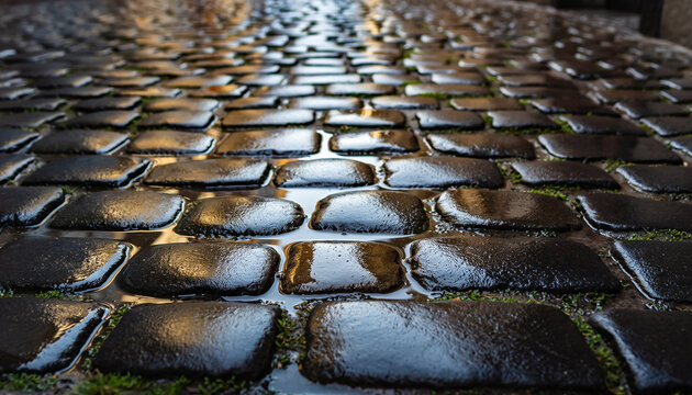 Wet cobblestone path with moss and reflections