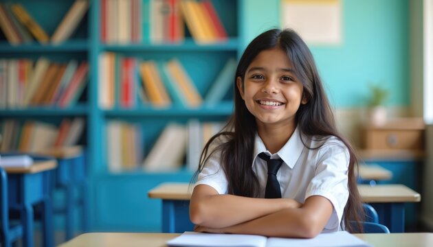 Smiling indian schoolgirl sits at desk in classroom. Pupil in uniform studies. Education concept with happy child in school library. Kid smiles looking at camera with crossed arms.