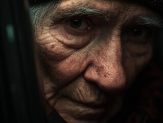 Obraz premium Close-up of an elderly woman with deep wrinkles and expressive eyes, conveying wisdom and experience.