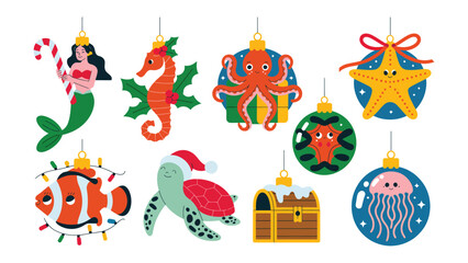 Underwater Christmas ornaments Collection: A charming collection of Christmas ornaments, each adorned with a festive underwater creature or element. © Nadim