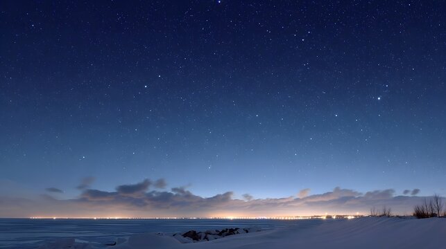 A clear winter night sky filled with stars illuminates a snowy landscape with distant urban lights and soft clouds - Powered by Adobe