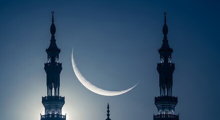 Silhouette of mosque minarets against a night sky with a crescent moon during ramadan