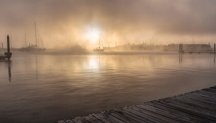 Foggy harbor with sailboats and wooden docks at sunrise.
