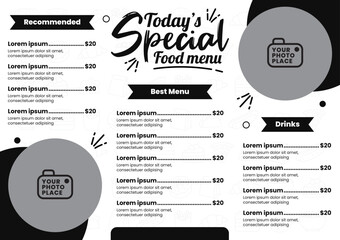 Today special food menu template with minimalist color black and white