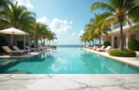 Marble table in foreground, blurry tropical resort infinity pool and ocean background. Palm trees line poolside with lounge chairs under umbrellas. Bright sunny day.