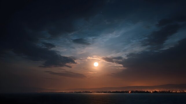 A dramatic moonlit sky with atmospheric clouds hovers over a serene ocean and a distant city skyline - Powered by Adobe