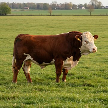 Majestic Hereford Bull Grazing Peacefully in Lush Green Meadow at Sunset